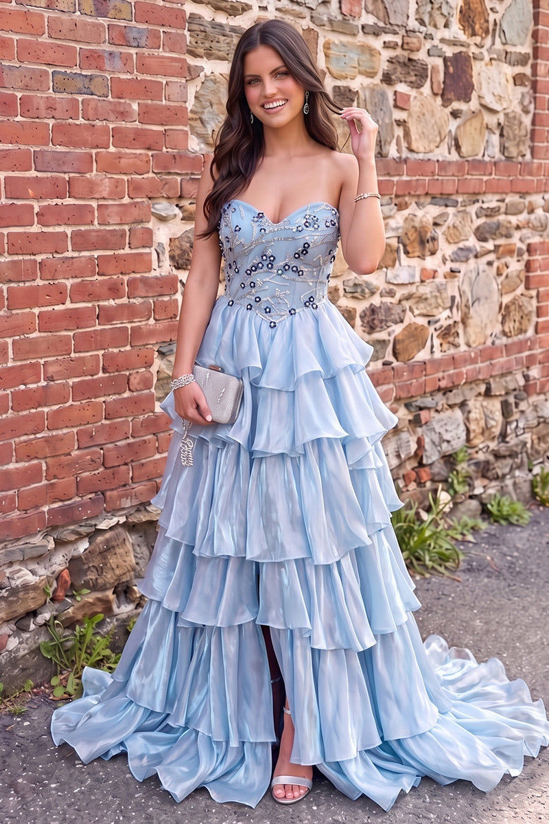 Load image into Gallery viewer, Sparkly Blue A Line Floral Sweetheart Ruffled Long Prom Dress with Sequins