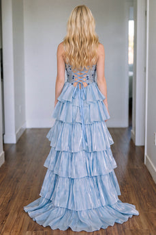 Sparkly Blue A Line Floral Sweetheart Ruffled Long Prom Dress with Sequins