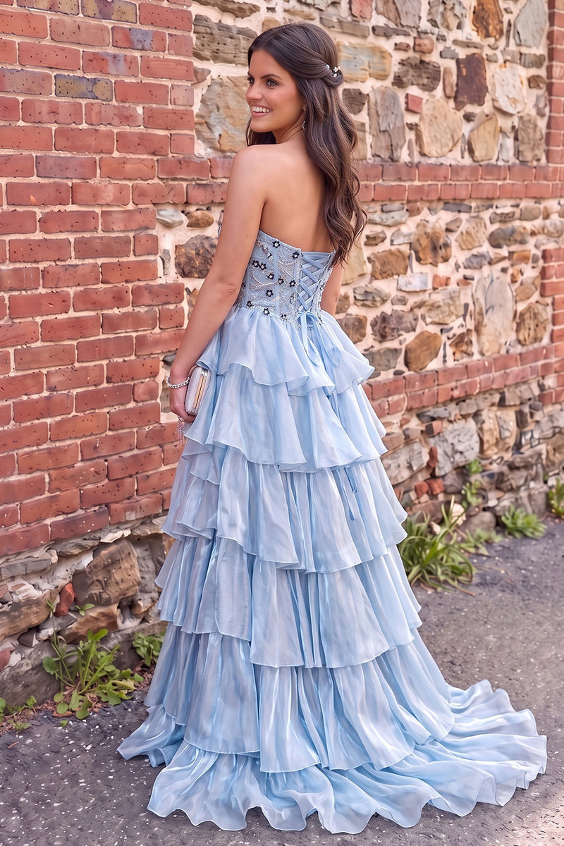 Load image into Gallery viewer, Sparkly Blue A Line Floral Sweetheart Ruffled Long Prom Dress with Sequins