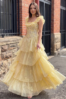 Load image into Gallery viewer, Sparkly Floral Yellow Ruffled Corset A Line Long Prom Dress with Sequins