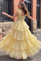 Load image into Gallery viewer, Sparkly Floral Yellow Ruffled Corset A Line Long Prom Dress with Sequins
