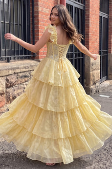 Sparkly Floral Yellow Ruffled Corset A Line Long Prom Dress with Sequins