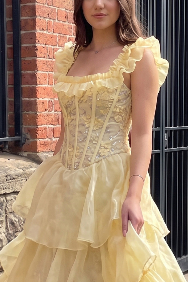 Load image into Gallery viewer, Sparkly Floral Yellow Ruffled Corset A Line Long Prom Dress with Sequins