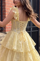 Load image into Gallery viewer, Sparkly Floral Yellow Ruffled Corset A Line Long Prom Dress with Sequins
