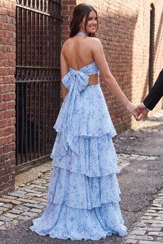 Floral Blue A Line Ruffled Halter Cut Out Long Prom Dress
