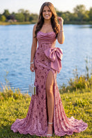Load image into Gallery viewer, Sparkly Pink Floral Sequin Mermaid Ruched Corset Long Prom Dress with Slit