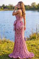 Load image into Gallery viewer, Sparkly Pink Floral Sequin Mermaid Ruched Corset Long Prom Dress with Slit