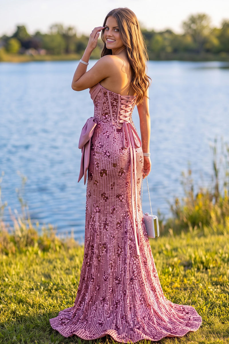 Load image into Gallery viewer, Sparkly Pink Floral Sequin Mermaid Ruched Corset Long Prom Dress with Slit