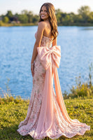 Load image into Gallery viewer, Floral Pink Mermaid Corset Strapless Long Prom Dress with Bow