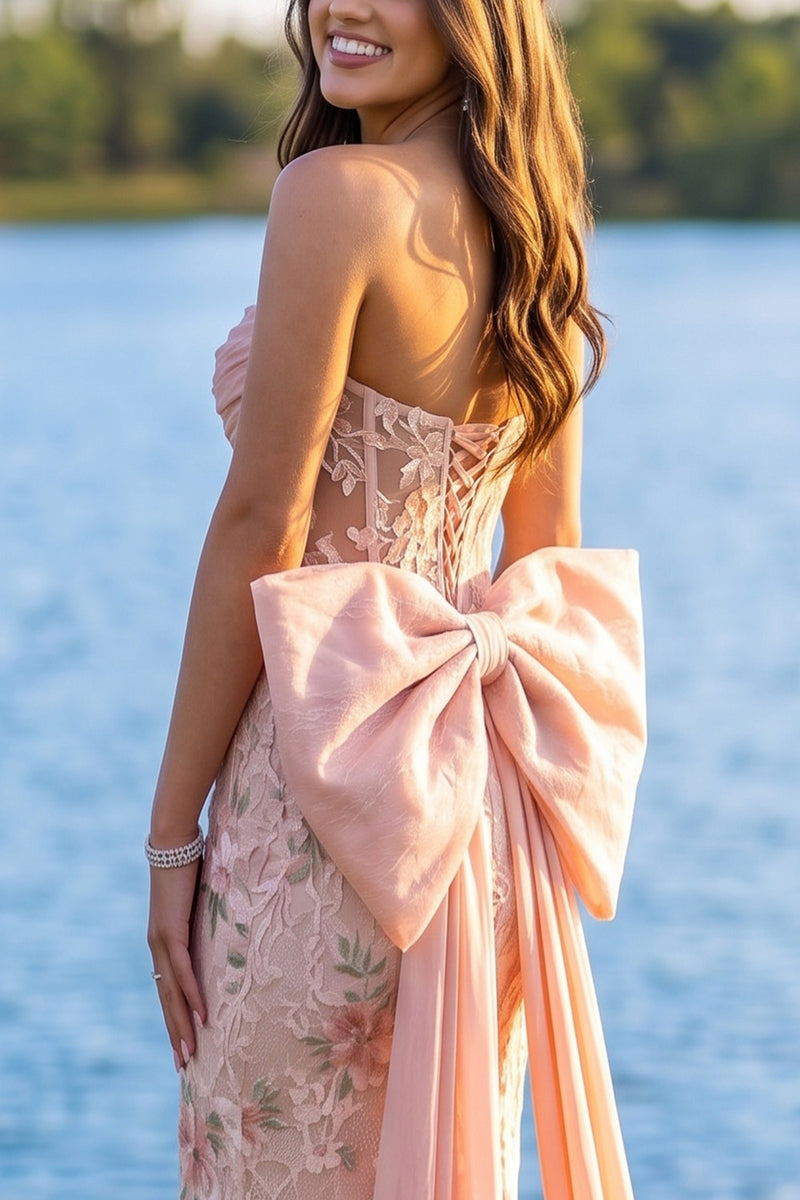 Load image into Gallery viewer, Floral Pink Mermaid Corset Strapless Long Prom Dress with Bow