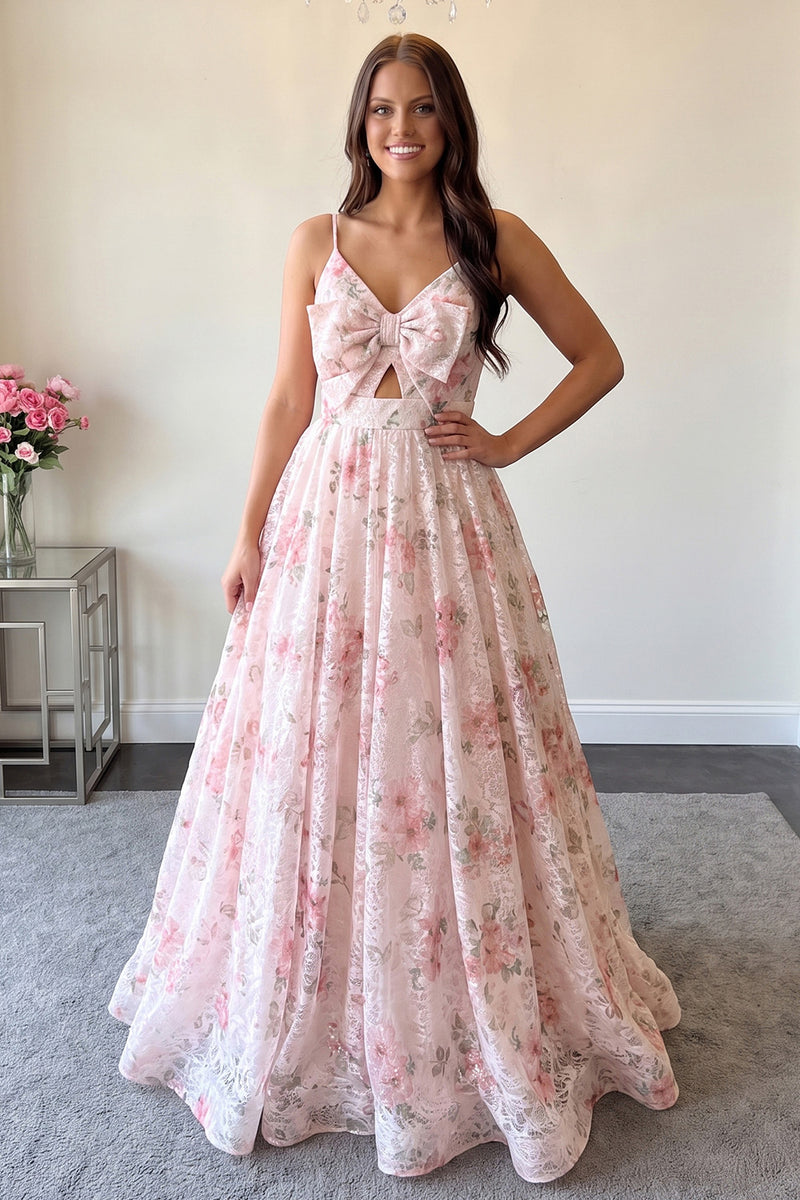 Load image into Gallery viewer, Pink Floral A-Line Spaghetti Straps Long Prom Dress with Keyhole