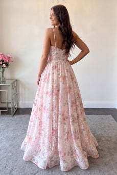 Pink Floral A-Line Spaghetti Straps Long Prom Dress with Keyhole