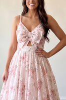 Load image into Gallery viewer, Pink Floral A-Line Spaghetti Straps Long Prom Dress with Keyhole