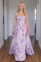 Load image into Gallery viewer, Purple Floral Corset Strapless Jacquard A Line Long Prom Dress with Bow