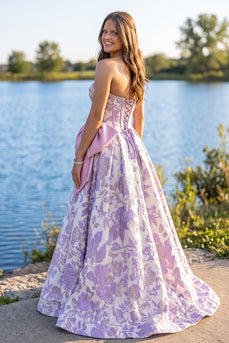 Purple Floral Corset Strapless Jacquard A Line Long Prom Dress with Bow