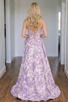 Load image into Gallery viewer, Purple Floral Corset Strapless Jacquard A Line Long Prom Dress with Bow