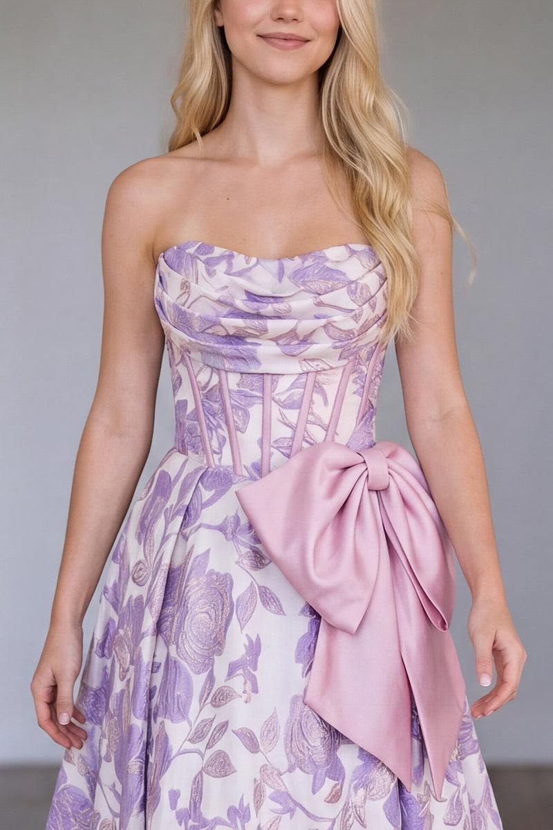 Load image into Gallery viewer, Purple Floral Corset Strapless Jacquard A Line Long Prom Dress with Bow