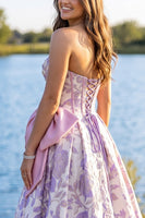 Load image into Gallery viewer, Purple Floral Corset Strapless Jacquard A Line Long Prom Dress with Bow