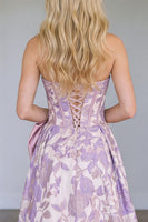 Load image into Gallery viewer, Purple Floral Corset Strapless Jacquard A Line Long Prom Dress with Bow