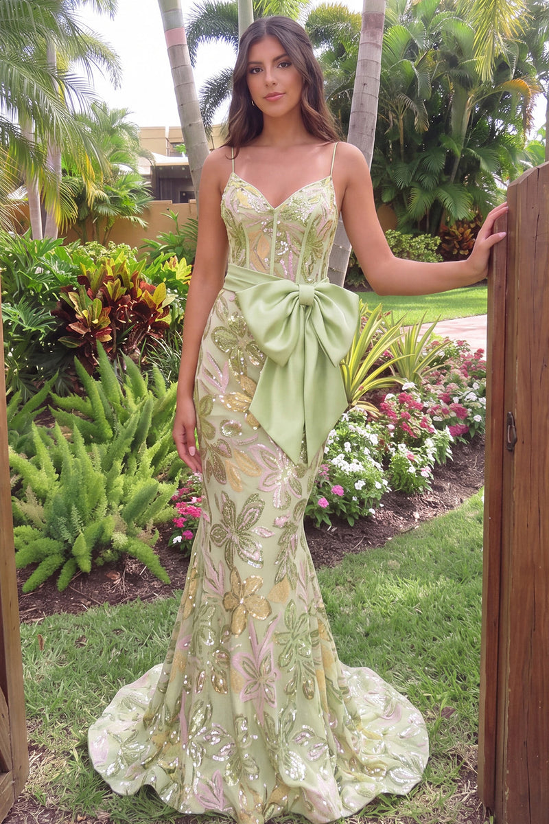 Load image into Gallery viewer, Sparkly Green Floral Corset Mermaid Sequin Long Prom Dress with Bow