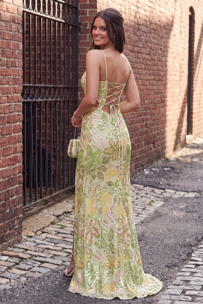 Load image into Gallery viewer, Sparkly Green Mermaid Floral Sequin Cut Out Spaghetti Straps Long Prom Dress with Slit