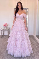 Load image into Gallery viewer, Pink A Line Corset Off the Shoulder Ruffled Floral Long Prom Dress