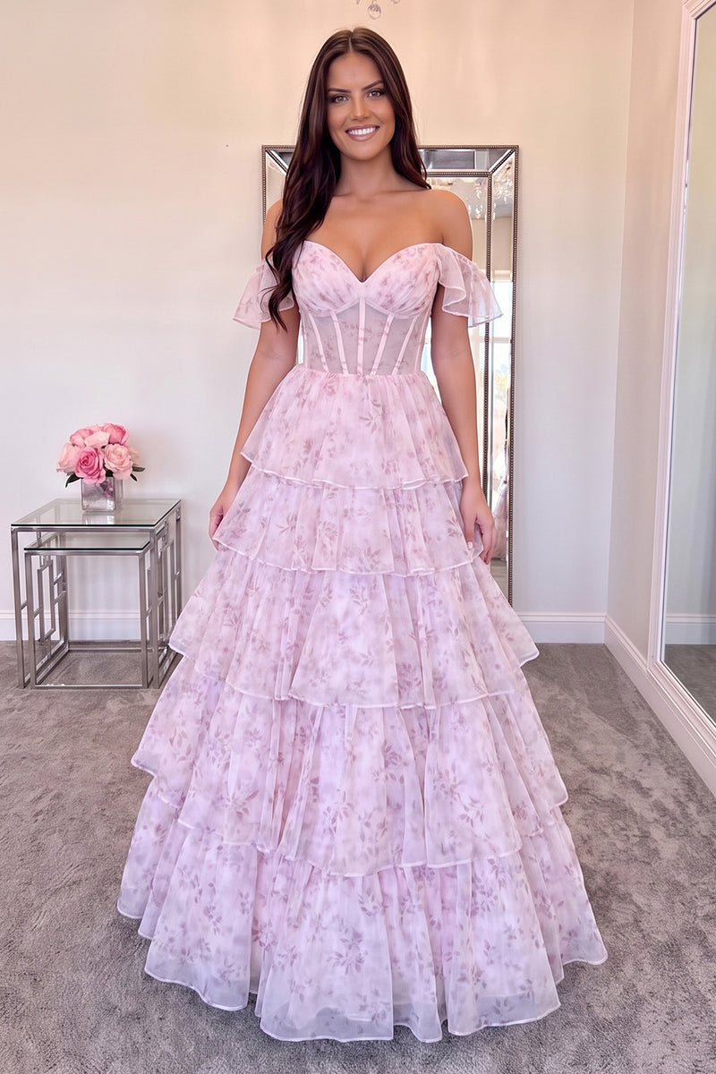 Load image into Gallery viewer, Pink A Line Corset Off the Shoulder Ruffled Floral Long Prom Dress