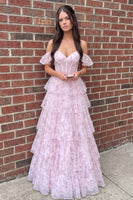Load image into Gallery viewer, Pink A Line Corset Off the Shoulder Ruffled Floral Long Prom Dress