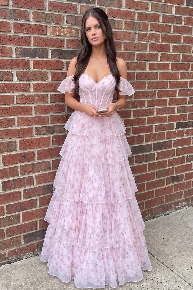Load image into Gallery viewer, Pink A Line Corset Off the Shoulder Ruffled Floral Long Prom Dress