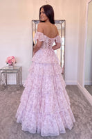 Load image into Gallery viewer, Pink Floral Corset Ruffled A-Line Off the Shoulder Long Prom Dress