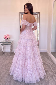 Pink Floral Corset Ruffled A-Line Off the Shoulder Long Prom Dress
