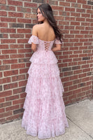 Load image into Gallery viewer, Pink A Line Corset Off the Shoulder Ruffled Floral Long Prom Dress