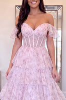 Load image into Gallery viewer, Pink Floral Corset Ruffled A-Line Off the Shoulder Long Prom Dress