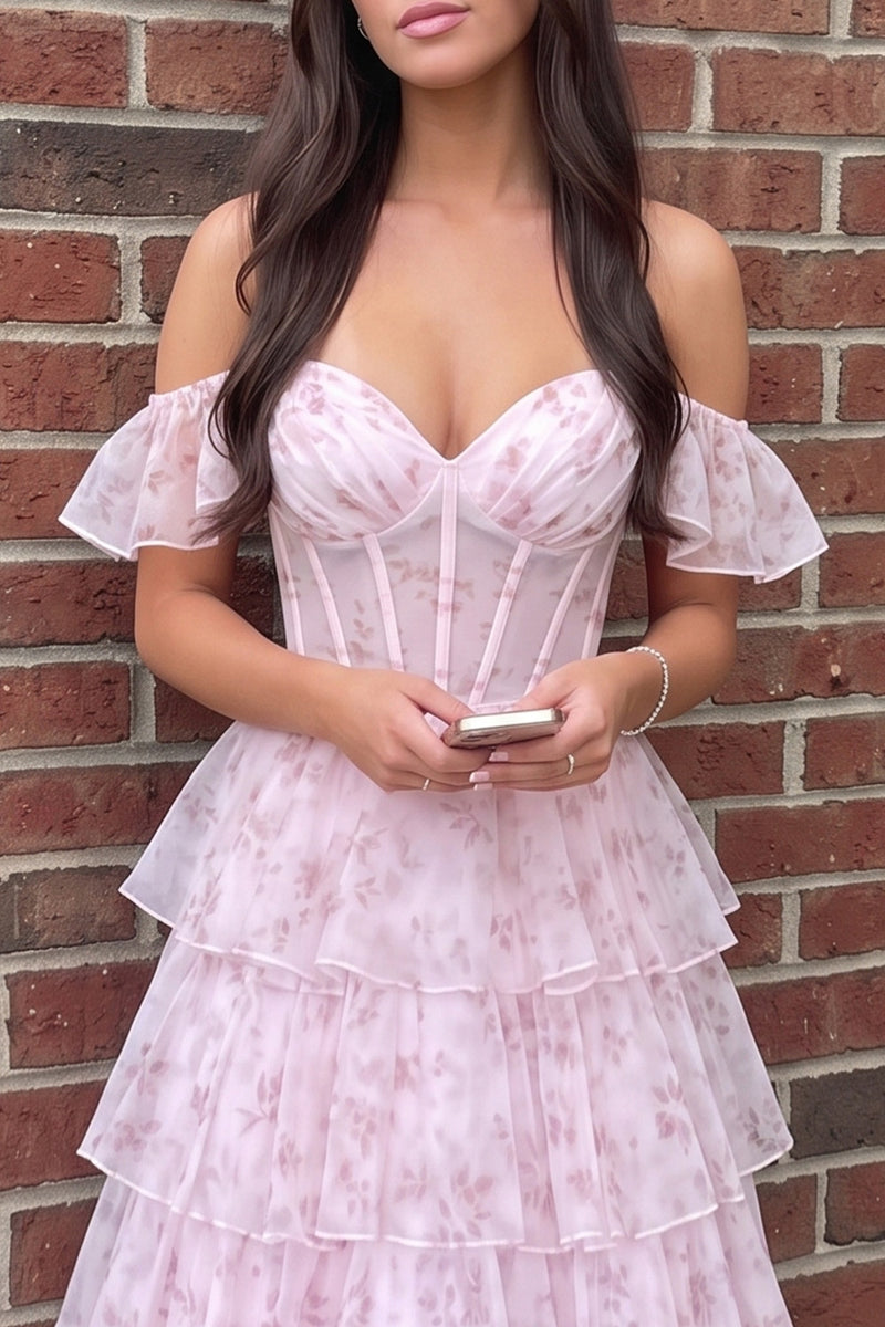 Load image into Gallery viewer, Pink A Line Corset Off the Shoulder Ruffled Floral Long Prom Dress