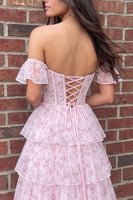 Load image into Gallery viewer, Pink A Line Corset Off the Shoulder Ruffled Floral Long Prom Dress