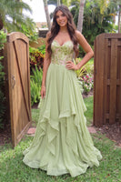 Load image into Gallery viewer, Sparkly Green A-Line Ruffled Chiffon Sweetheart Long Prom Dress with Sequins