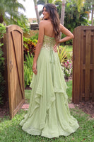 Load image into Gallery viewer, Sparkly Green A-Line Ruffled Chiffon Sweetheart Long Prom Dress with Sequins
