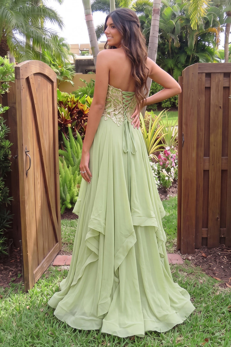 Load image into Gallery viewer, Sparkly Green A-Line Ruffled Chiffon Sweetheart Long Prom Dress with Sequins
