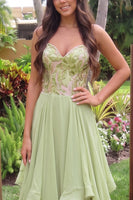 Load image into Gallery viewer, Sparkly Green A-Line Ruffled Chiffon Sweetheart Long Prom Dress with Sequins
