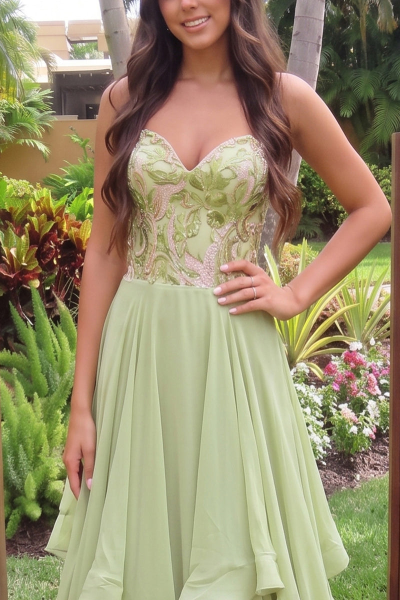 Load image into Gallery viewer, Sparkly Green A-Line Ruffled Chiffon Sweetheart Long Prom Dress with Sequins