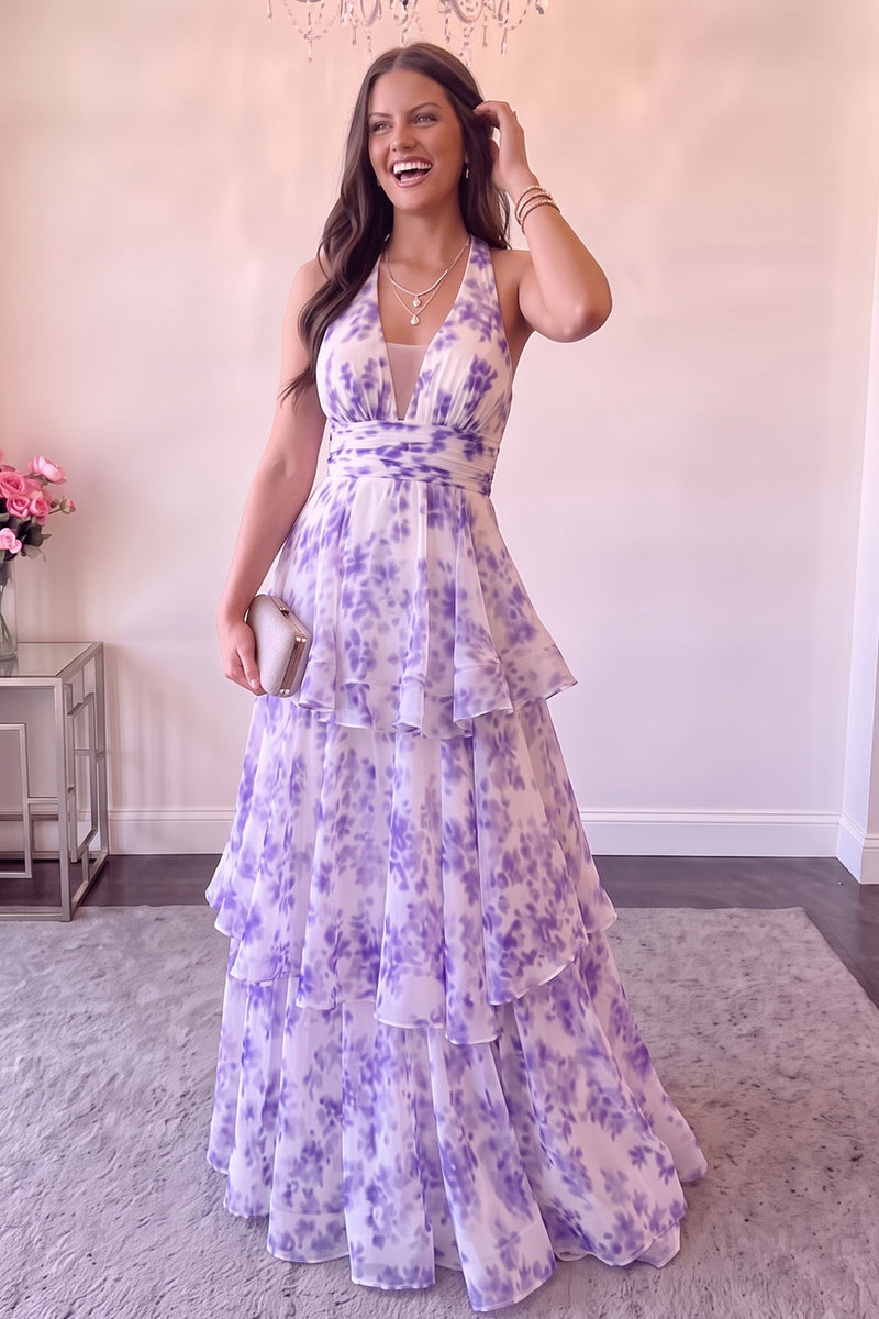 Load image into Gallery viewer, Floral Purple A Line Ruffled Halter Print Long Prom Dress