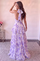 Load image into Gallery viewer, Floral Purple A Line Ruffled Halter Print Long Prom Dress