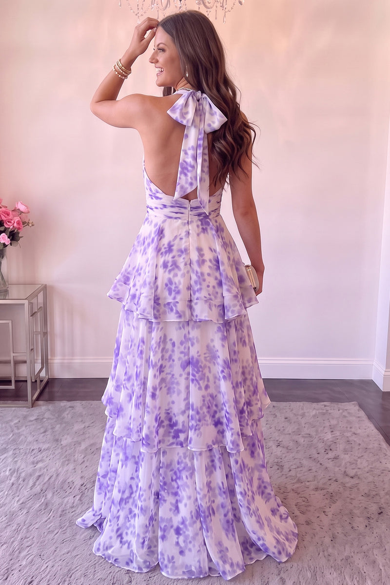 Load image into Gallery viewer, Floral Purple A Line Ruffled Halter Print Long Prom Dress