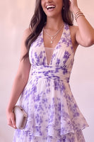Load image into Gallery viewer, Floral Purple A Line Ruffled Halter Print Long Prom Dress