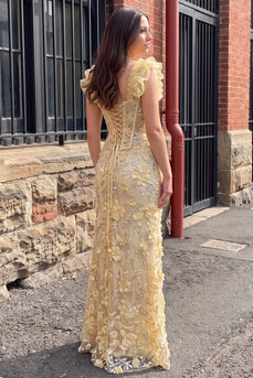 Sparkly Yellow Sequin Floral Ruffled Corset Mermaid Long Prom Dress