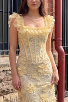 Load image into Gallery viewer, Sparkly Yellow Sequin Floral Ruffled Corset Mermaid Long Prom Dress