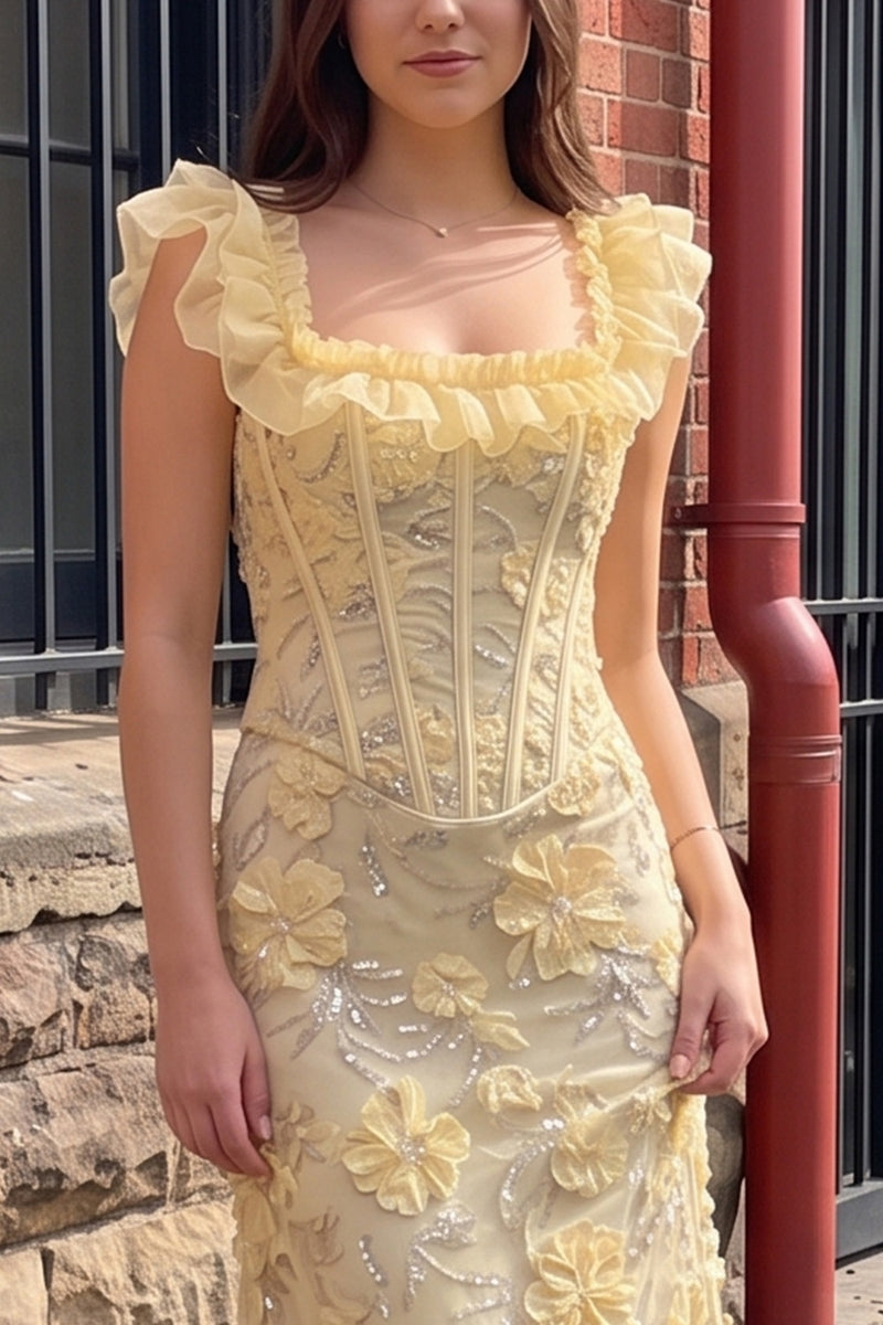 Load image into Gallery viewer, Sparkly Yellow Sequin Floral Ruffled Corset Mermaid Long Prom Dress