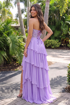 Sparkly Purple Floral A Line Ruffled Strapless Long Prom Dress with Slit