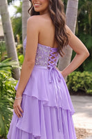 Load image into Gallery viewer, Sparkly Purple Floral A Line Ruffled Strapless Long Prom Dress with Slit