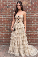 Load image into Gallery viewer, Champagne Polka Dots A Line Ruffled Cut Out Sweetheart Long Prom Dress with 3D Flowers